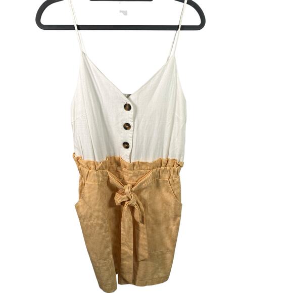 &Merci Gingham‎ Paperbag Waist Tie Romper Size M Yellow White Button Front - Picture 1 of 11